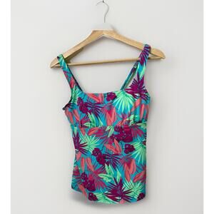 Lands End Turquoise Tropical Palms Wireless Padded Squareneck Tankini 6